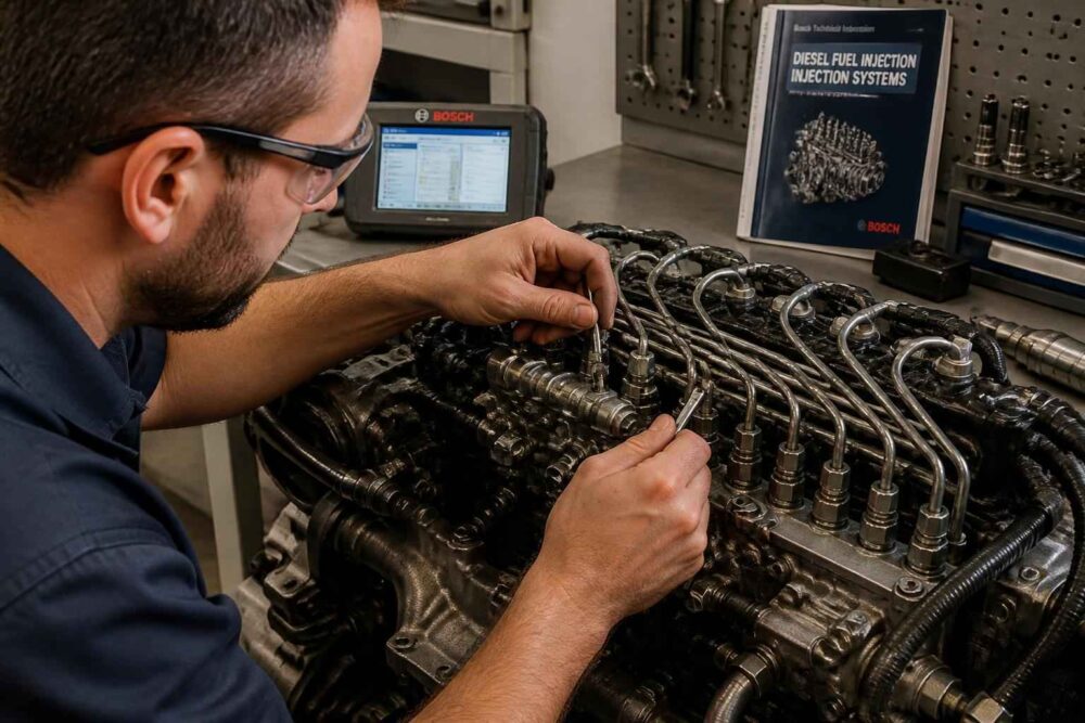 Mechanik sprawdza układ wtryskowy silnika Diesla w warsztacie BOSCH Car Service