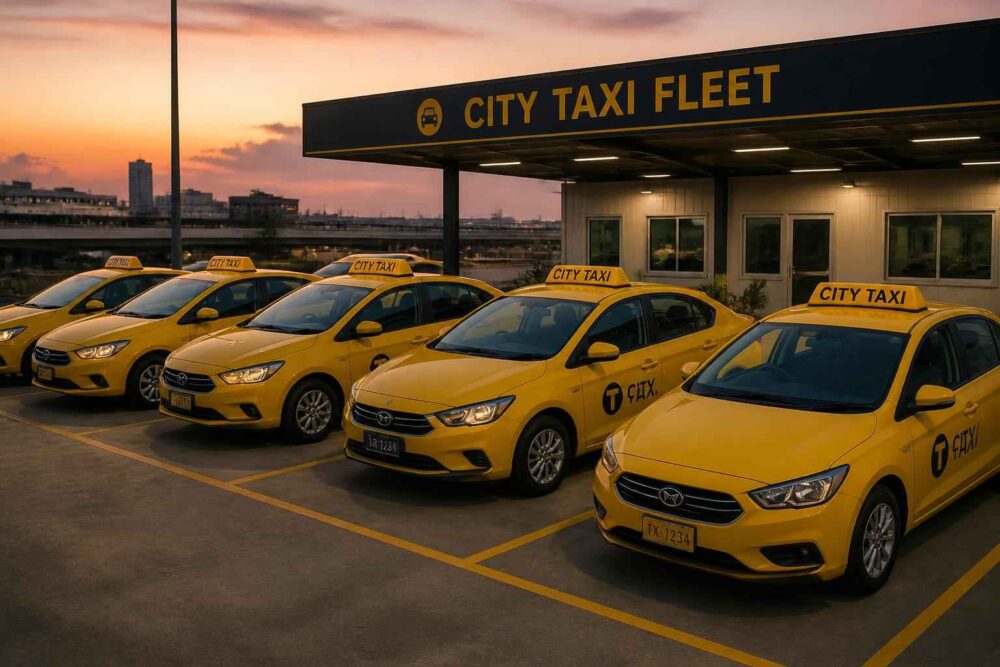 Żółte taksówki zaparkowane przy punkcie City Taxi Fleet o zmierzchu