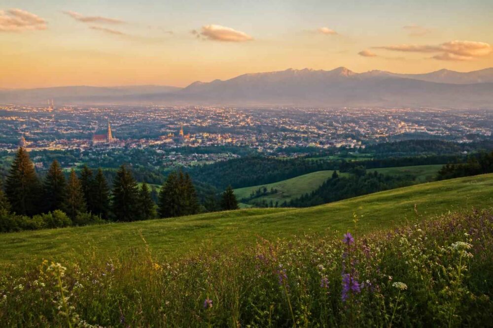 Panorama Krakowa widziana z kwiecistej łąki, z pasmem Tatr na horyzoncie