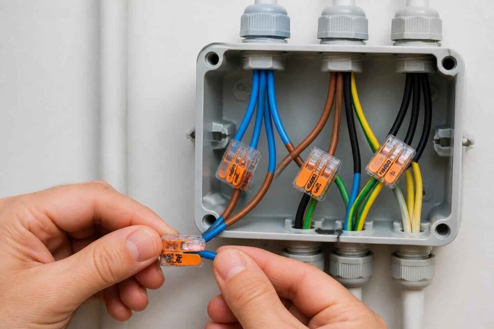 Dłonie łączą przewody elektryczne w otwartej puszce instalacyjnej za pomocą złączek sprężynowych