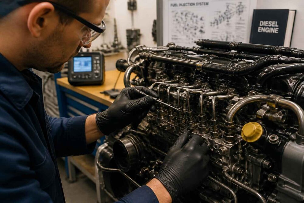 Mechanik w rękawicach pracuje przy odsłoniętym silniku Diesla w warsztacie