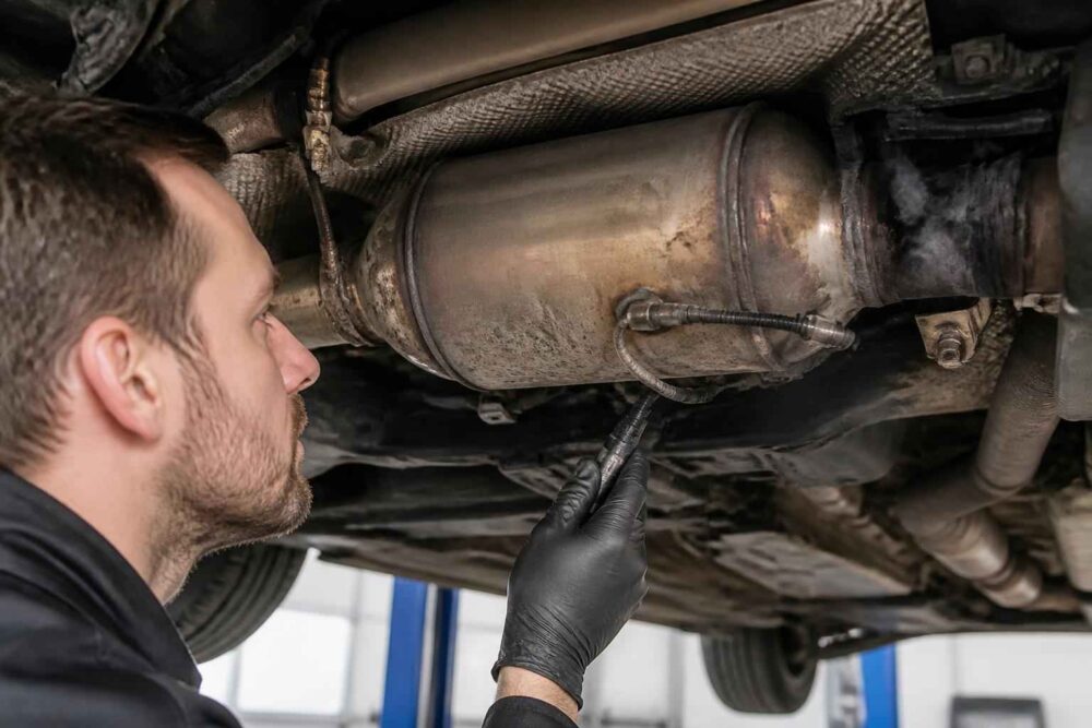 Mechanik w rękawiczkach sprawdza element układu wydechowego pod samochodem na podnośniku