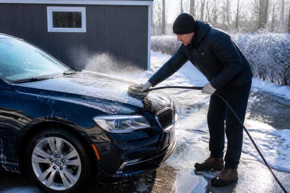 Mężczyzna myje czarne auto na podjeździe w zimowy dzień