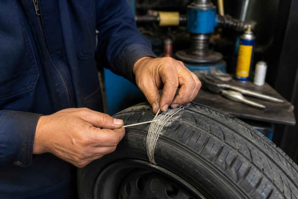 Mechanik wzmacnia uszkodzoną oponę samochodową za pomocą metalowych drutów w warsztacie wulkanizacyjnym